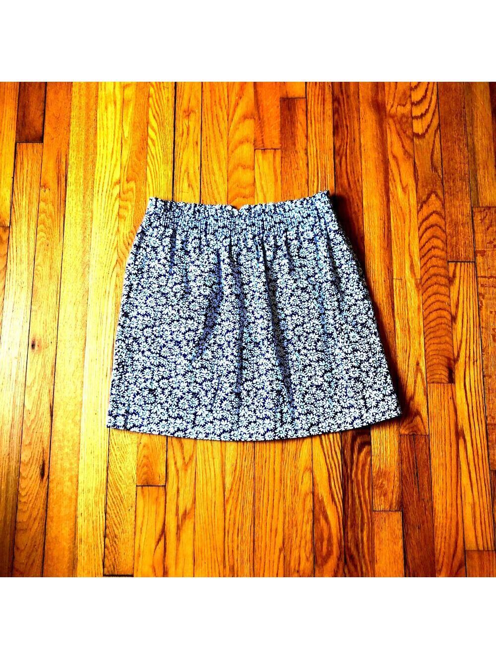 J.Crew NWOT Women's Linen Navy Blue White Yellow Floral Elastic Waist Skirt 12